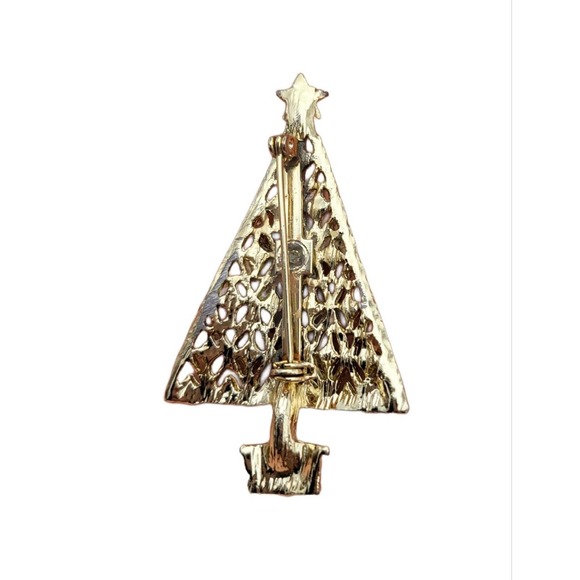 Multiple Color Rhinestone Gold Tone Triangle Christmas Tree Brooch - Picture 3 of 4